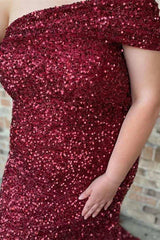 Plus Size Wine Red Sequin Prom Dresses Off Shoulder Long Evening Dress MyChicDress