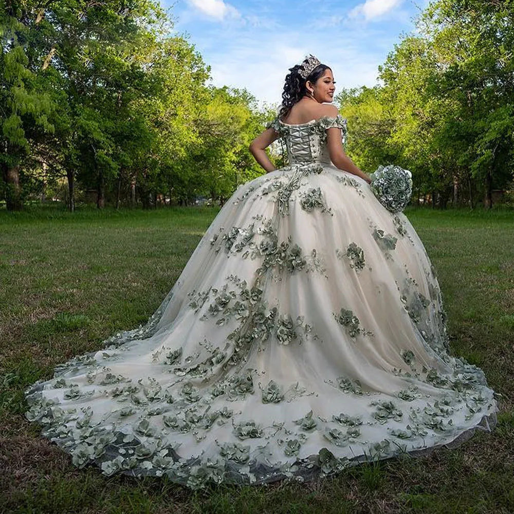 Quinceanera Dresses 3D Flower Plus Size Sage Green Sweet 16 Dress 