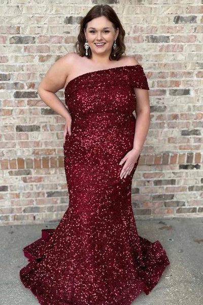 Burgundy Sequin Plus Size Prom Dresses Mermaid Feather Off the
