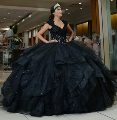 Princess 2024 Black Lace Quinceanera Dresses Ruffles Off Shoulder Sweet 15 16 Gowns MyChicDress