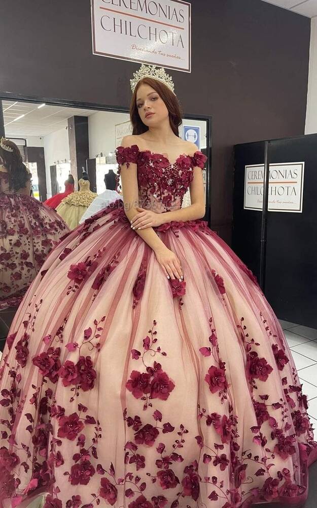 Princess 2024 Burgundy Quinceanera 15 Dresses Crystals With 3D Flowers MyChicDress