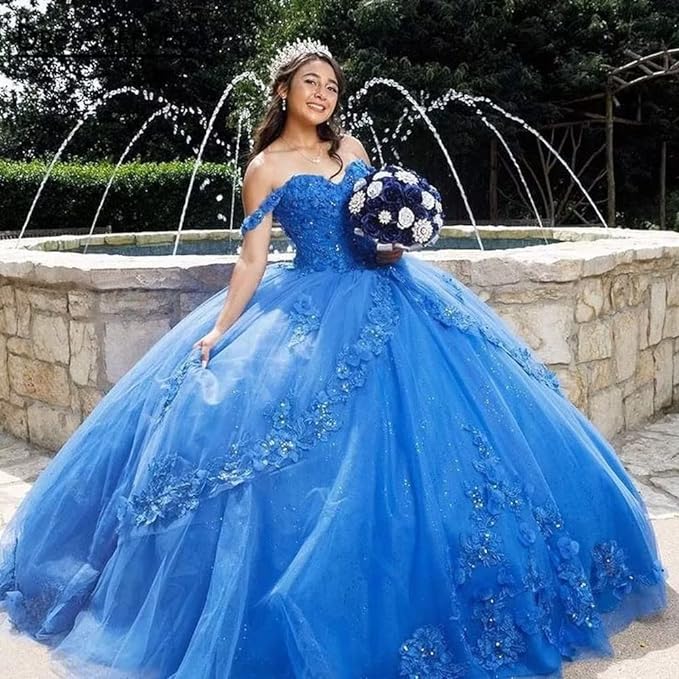 Princess 2024 Royal Blue Quinceanera Dresses 3D Flowers Crystals Sweet 16 Dress MyChicDress