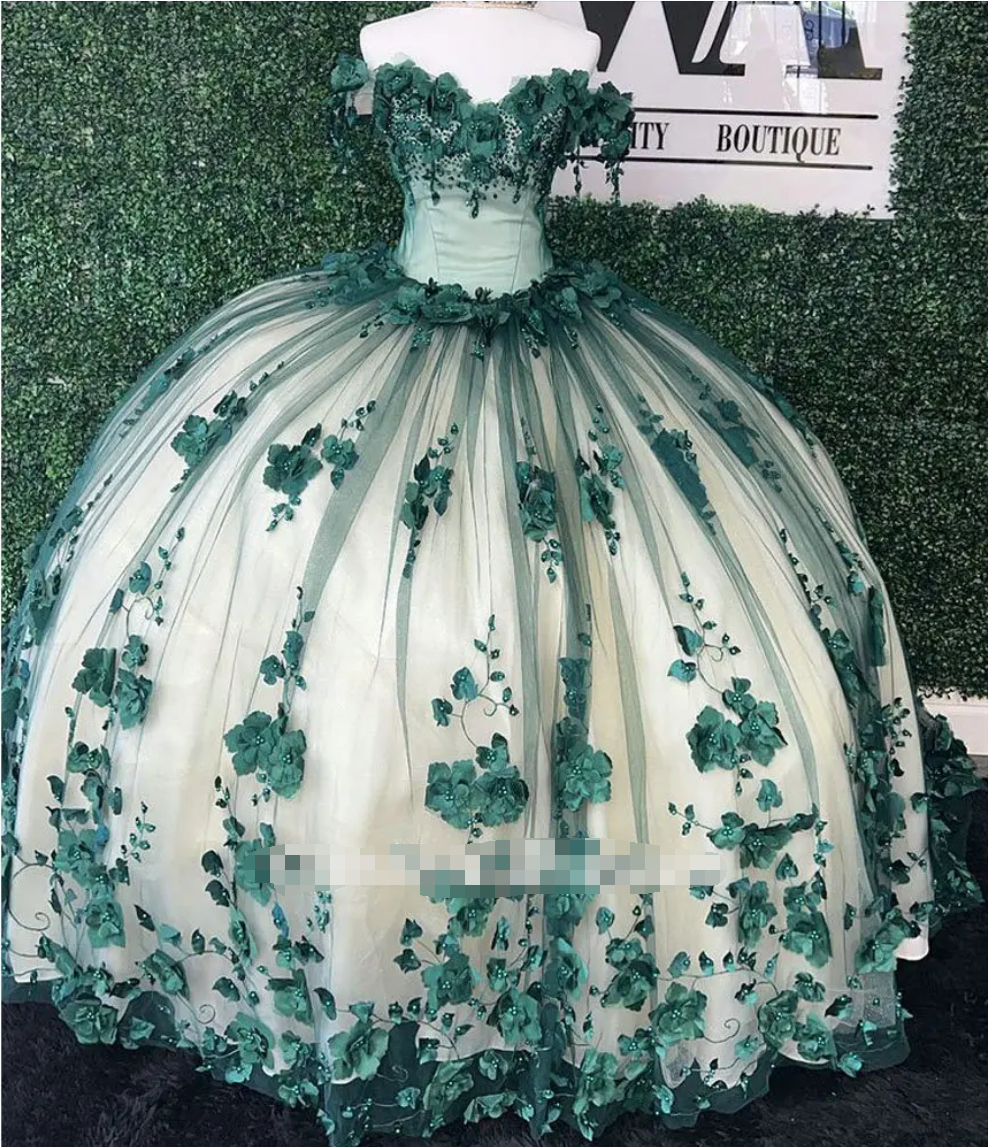 Princess Ball Gown 2024 Green Quince Dresses Floral Beaded Crystals Off the Shoulder MyChicDress