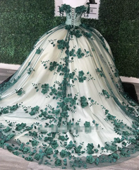 Princess Ball Gown 2024 Green Quince Dresses Floral Beaded Crystals Off the Shoulder MyChicDress