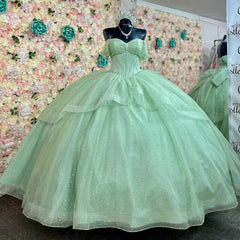 Princess Sage Green Corset Quinceanera Dress Off-Shoulder Big Bow