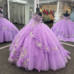 Princess Lace Lavender 2025 Quinceanera Dress Ball Gown 3D Flowers Sweet 16 Dress