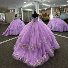 Princess Lace Lavender 2025 Quinceanera Dress Ball Gown 3D Flowers Sweet 16 Dress