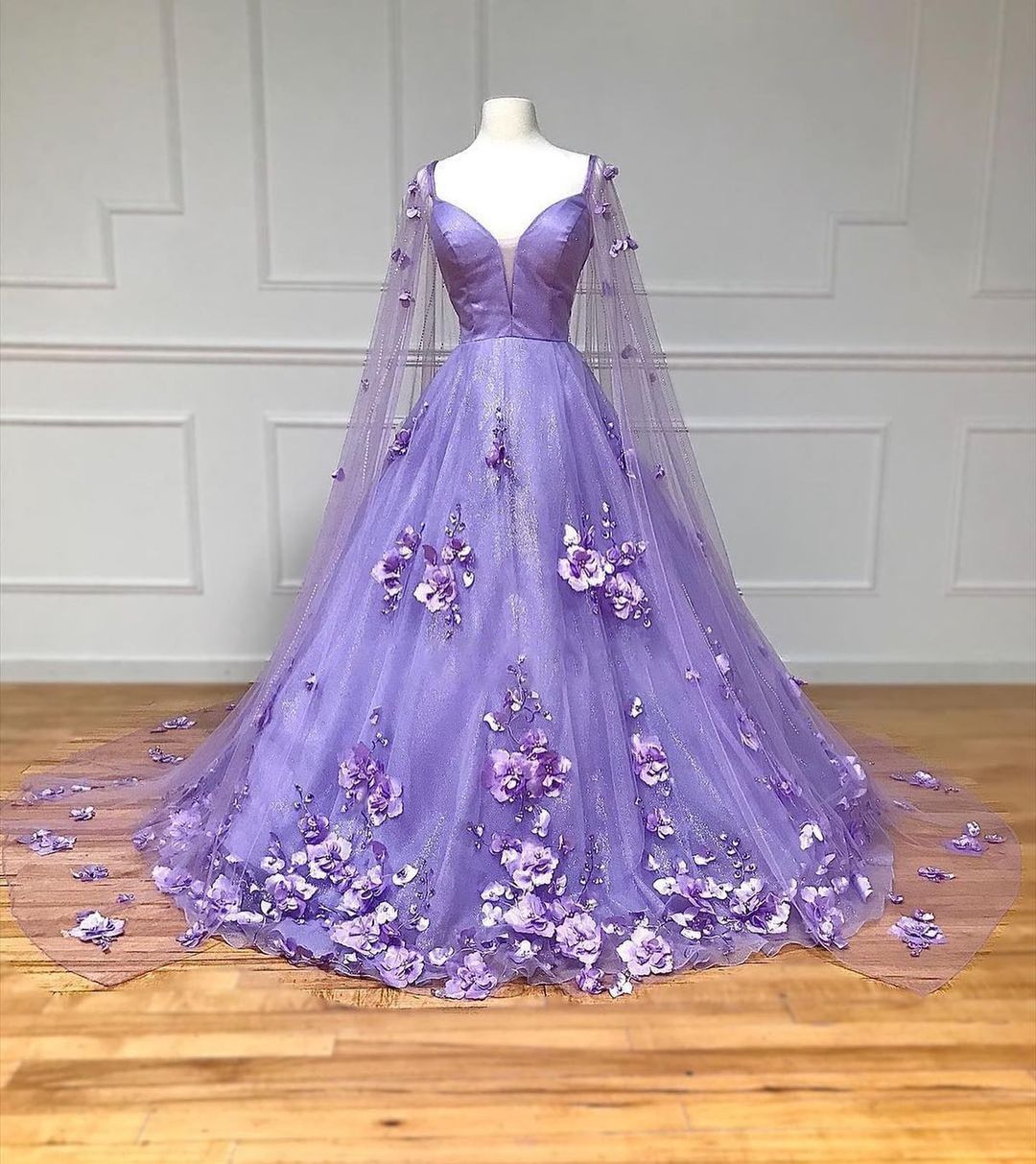 Princess Lavender Prom Dress 3D Flowers Tulle Formal Dress with Cape MyChicDress