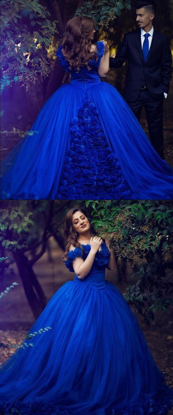 Princess Royal Blue Ball Gown Tulle Wedding Dresses Off the Shoulder Quince Dress MyChicDress