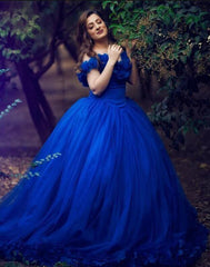 Princess Tulle Royal Blue Wedding Dresses Flowers Quince Dress Off The Shoulder MyChicDress