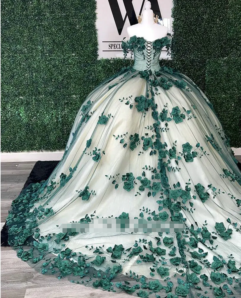 Princess Ball Gown 2025 Green Quince Dresses Floral Beaded Crystals Off the Shoulder