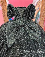 Princess Dark Green Quinceanera Dresses Sequin Bow with Bubble Sleeves