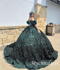 Princess Dark Green Quinceanera Dresses Sequin Bow with Bubble Sleeves