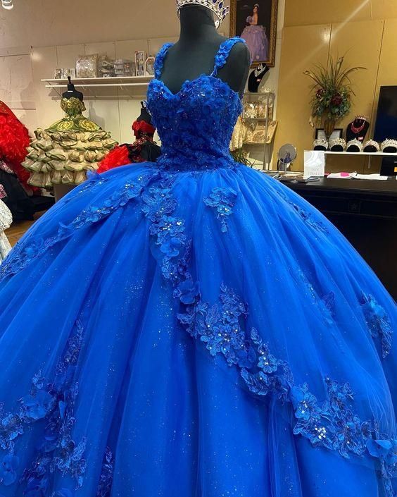 Princess Royal Blue Quinceanera Dresses 3D Flowers Crystals Sweet 16 D ...
