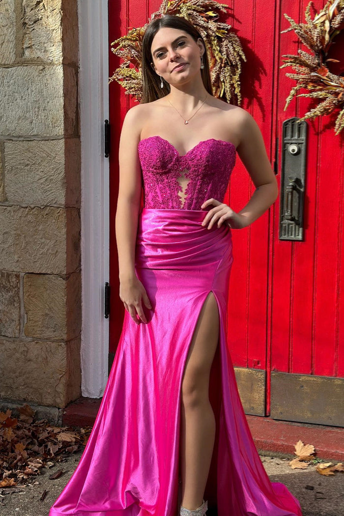 Long Magenta Formal Dress Fuchsia Prom Dress Satin Strapless