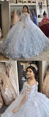 Puffy Off Shoulder Light Blue Quinceanera Dresses Flowers with Cape