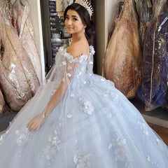 Puffy Off Shoulder Light Blue Quinceanera Dresses Flowers with Cape