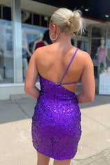 Purple Homecoming Dress One Shoulder Sequin Cutouts Tight Mini Dress MyChicDress