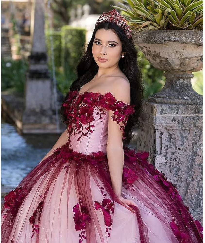 Red Lace Quinceanera Dress Off Shoulder Corset Vestidos De XV Años Pearls Flowers MyChicDress