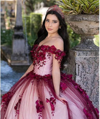 Red Lace Quinceanera Dress Off Shoulder Corset Vestidos De XV Años Pearls Flowers MyChicDress