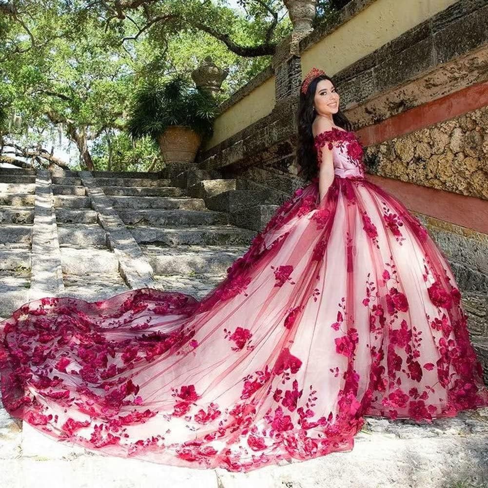 Red Lace Quinceanera Dress Off Shoulder Corset Vestidos De XV Años Pearls Flowers MyChicDress