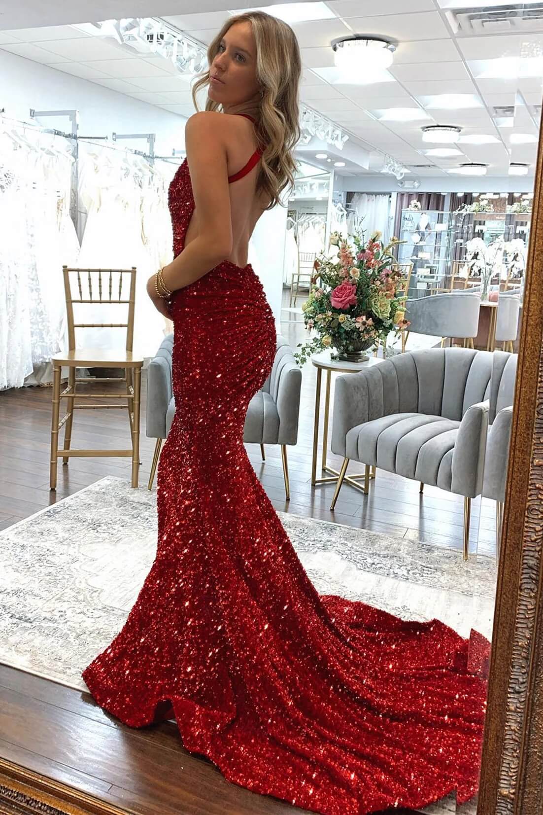 Red Mermaid Formal Dresses Sequins V Neck Long Prom Dresses 2024 MyChicDress