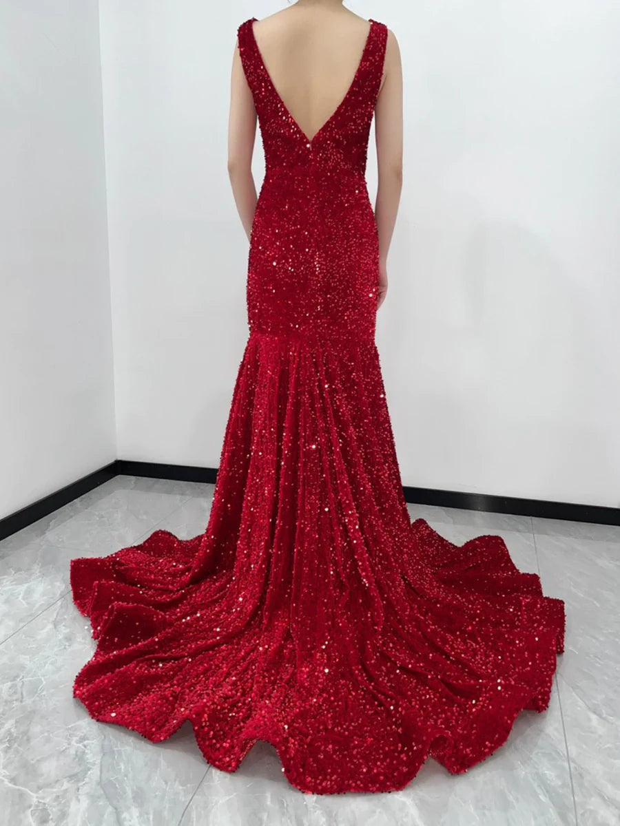 Red Velvet Sequin Prom Dresses Straps V Neck Mermaid Evening Dress MyChicDress