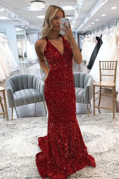 Cheap Red Sequins Mermaid Prom Dresses 2024 Straps Plunging Neck