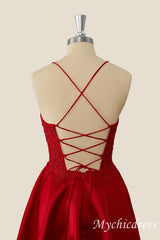 Red Short A-Line 2024 Homecoming Dress Lace Satin Appliques