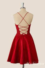 Red Short A-Line 2024 Homecoming Dress Lace Satin Appliques
