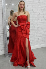 Red Strapless Pleated Formal Gown Mermaid Satin Prom Dress Big Bow