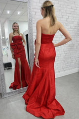 Red Strapless Pleated Formal Gown Mermaid Satin Prom Dress Big Bow