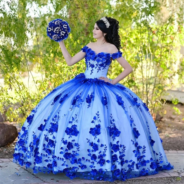 Royal Blue Quinceanera Dresses Princess Beaded Pearls Sweet 15 Dress 3D Flowers