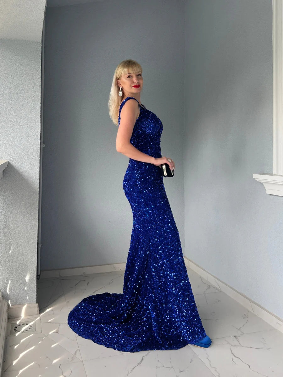 Royal Blue Velvet Sequin Prom Dresses V Neck Mermaid Slit Women Dress MyChicDress