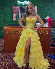 Ruffles Strapless 2025 Tiered prom Dress Yellow Lace Chiffon Split