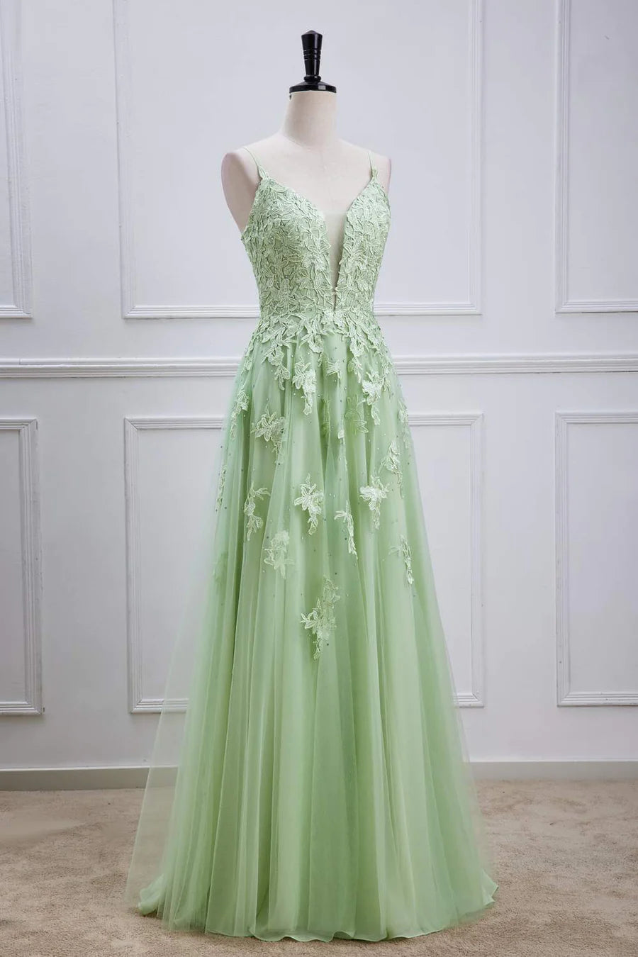 Sage Green Long Prom Dresses Lace Appliques V Neck Lace-Up - MyChicDress