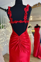 Satin Long Prom Dress Red Mermaid with Flower Straps