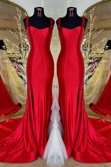 Satin Long Prom Dress Red Mermaid with Flower Straps