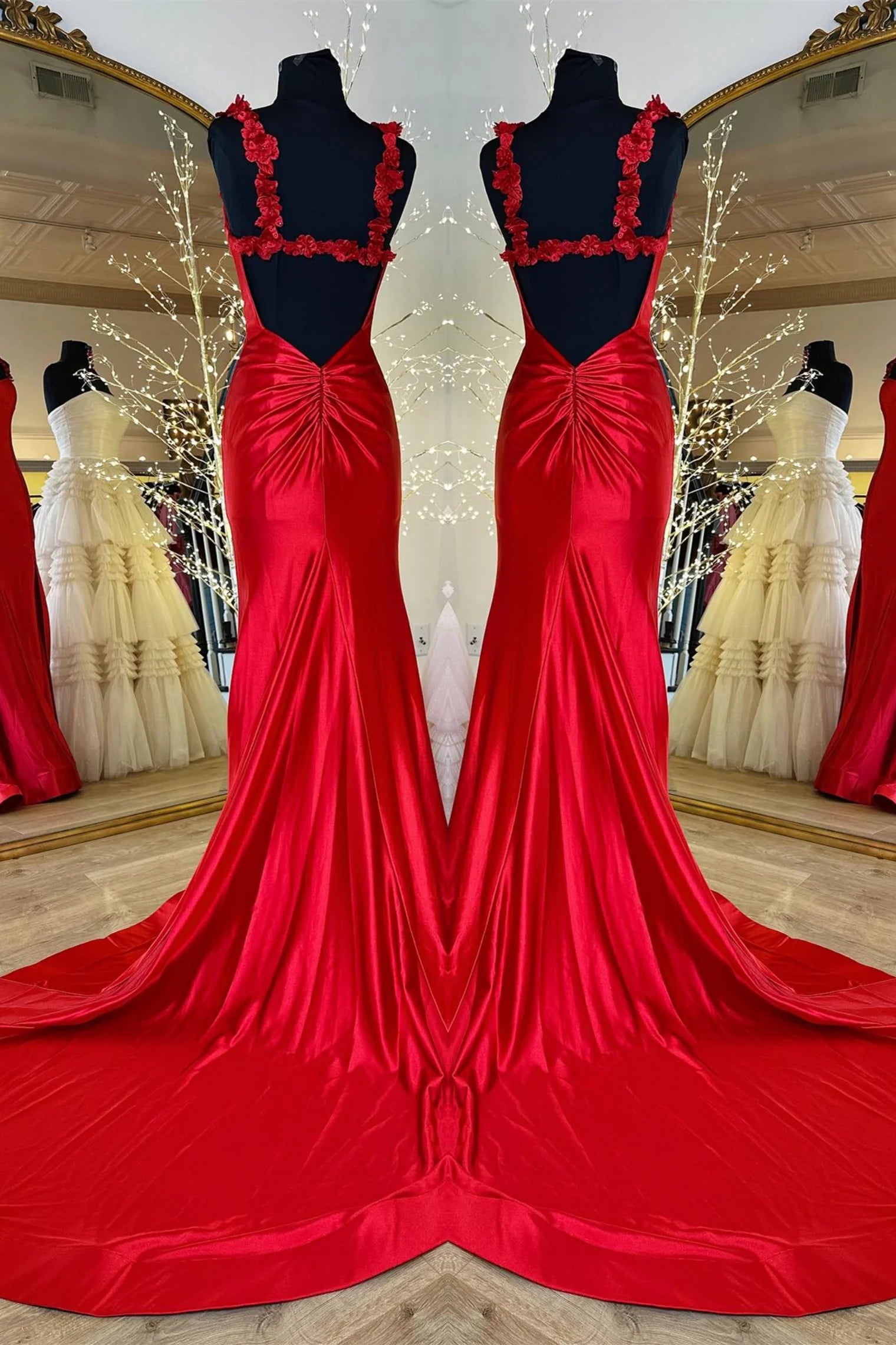 Satin Red Long Prom Dress Mermaid with Flower Straps