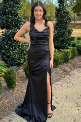 Satin Pleated Black Prom Formal Dress V-Neck Sleeveless with Slit