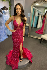 Sequin Long Fuchsia Prom Formal Dress Mermaid Straps