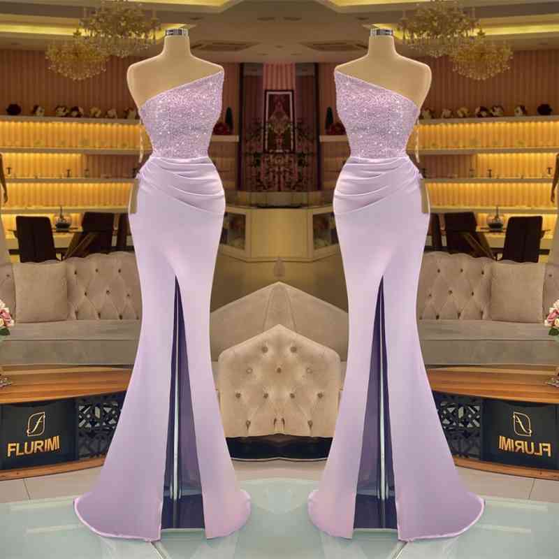 Sequins Formal Dresses Light Purple Mermaid Prom Dress Long Slit Strapless MyChicDress