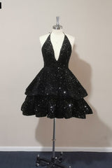 Sexy Black Sequin Short Homecoming Dresses Tiered Sweet 16 Dress Back Open MyChicDress