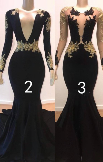 Sexy Long Sleeve Black Gold Prom Dresses 2024 V Neck Appliques Formal Dress MyChicDress