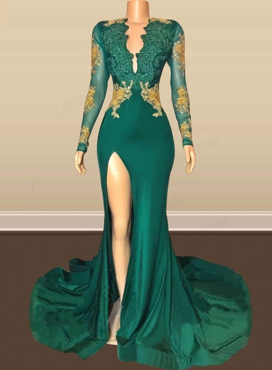 Sexy Long Sleeves Emerald Green Prom Dresses On Sale Open Back Side Slit MyChicDress