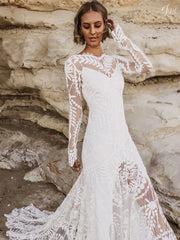 Sexy Round Neck Embroidered Long Sleeve white Wedding Dress Backless Mermaid MyChicDress