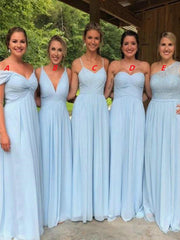 Sexy Floor length cheap Light Blue bridesmaid dresses chiffon long