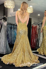 Sexy V-Neck Gold Sequins Evening Dress Mermaid Backless