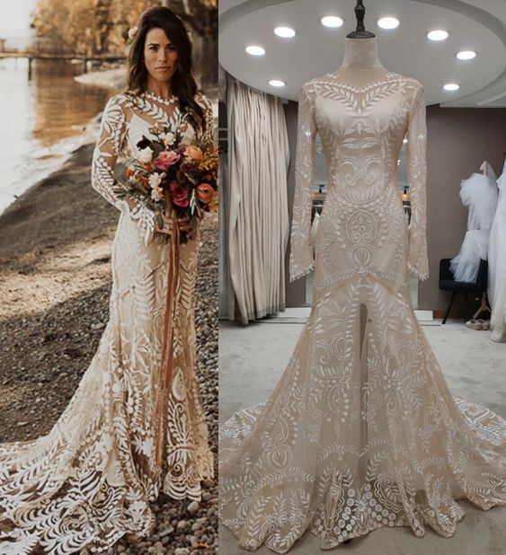 Sheath Long Sleeve Beach Lace Bridal Dress Boho Summer Wedding Dress MyChicDress