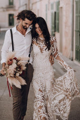 Boho Lace Long Sleeve Bridal Dress